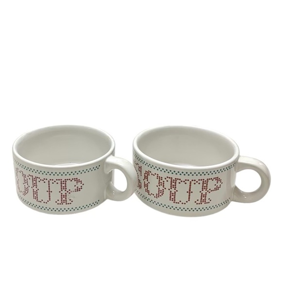 Houston Harvest Soup Mug Cup Set of 2 Needlework Cross Stitch Look White Brown - Picture 2 of 4